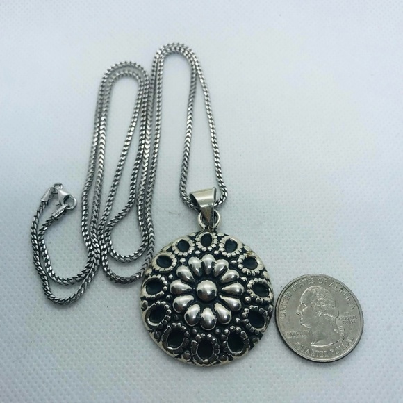 Sterling Silver Oxidized Round Flower Motif Pendant & 32” Long Wheat Chain - Picture 2 of 5
